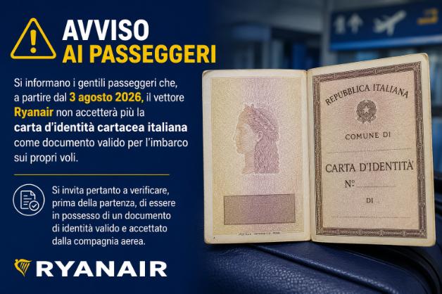 Nuove disposizioni Ryanair sui documenti di viaggio